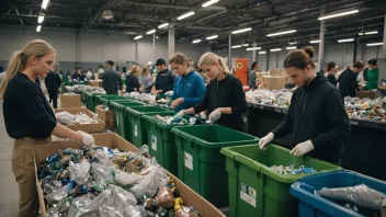 Et moderne gjenbrukssenter i Norge, med mennesker i alle aldre som sorterer og prosesserer resirkulerbare materialer, omgitt av norske flagg og tradisjonelle klær.