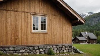 En trevægg med et tradisjonelt norsk trehus i bakgrunnen.