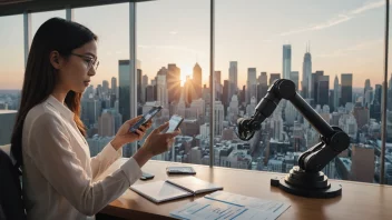 En person som bruker en smarttelefon til å håndtere sine finanser, med en bysilhuett i bakgrunnen og en robotarm som hjelper med finansielle transaksjoner.