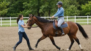 En rytterinstruktør og en elev på en hest i galopp