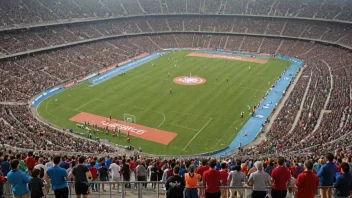 En fargerik illustrasjon av et stadion med ulike idrettsarrangementer som skjer samtidig, viser mangfoldet og spenningen i et mønstringsrenn.