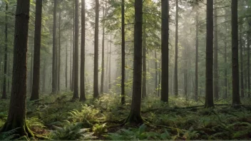 En fredelig og mystisk skoglandskap med en blanding av treslag, som fremkaller en følelse av ro og forbindelse med naturen.