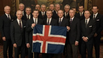 En gruppe menn samlet sammen, med et norsk flagg i bakgrunnen.