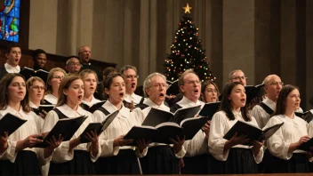 Et kor synger en julekantate i en kirke, med en festlig atmosfære og tradisjonelle juledekorasjoner.