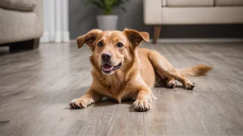 En hund som ligger ned på gulvet med utstrakte poter, ser avslappet og glad ut.