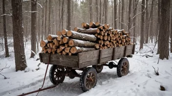 En trevogn fylt med ved, stående i en snødekt skog.