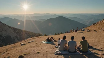 En fredelig og idyllisk scene av en solrik plass på fjellet med mennesker som nyter solen og tar inn den storslåtte utsikten