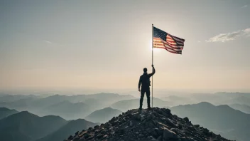 En person som står på toppen av et fjell med et flagg, symboliserer prestasjon og erobring.