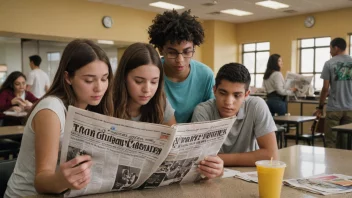 En gruppe studenter som sitter i en kantine og leser et studentblad