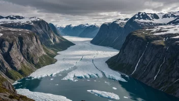 En åndeløs utsikt over et norsk landskap formet av is, med breer, fjorder og fjell.