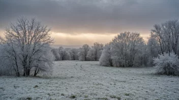 Et vinterlandskap med frost og snø, en kald og dyster dag