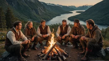 En gruppe norske jegere samlet rundt et bål, som nyter hverandres selskap og den vakre naturen.