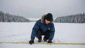 En person måler snødybden i et vinterlandskap.