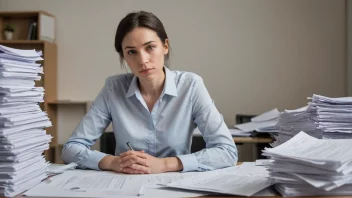 En person i en profesjonell setting, med en tankefull uttrykk, omgitt av papirer og dokumenter, som formidler en følelse av ansvar og plikt til å dele informasjon.