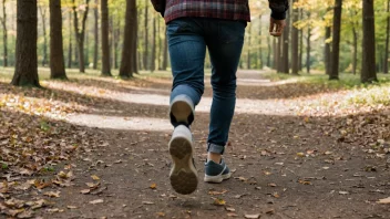 En person som går raskt med lange steg i en park eller skog.