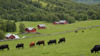 En detaljert bilde av en norsk gård med storfe som beiter i åkeren.