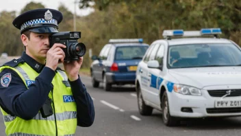 En politibetjent holder en fartskamera, med en uskarp bil i bakgrunnen