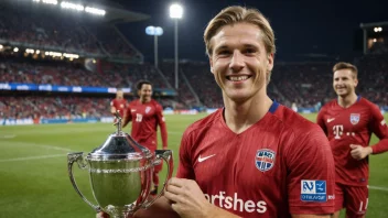 En norsk fotballspiller som stolt holder opp et trofé, symboliserer deres prestasjon og rett til en spillertjenestepensjon.