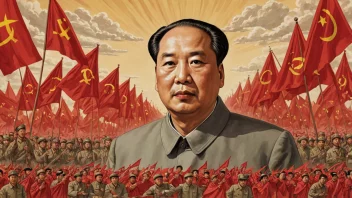 Et bilde av Mao Zedong i et kinesisk landskap med kommunistiske symboler.