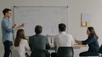 En gruppe mennesker sitter rundt et bord, ser på en whiteboard med en prosjektplan