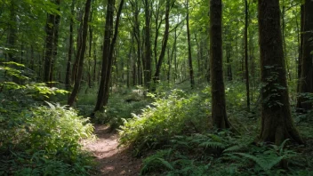 En tett skog med ulike trær og undervegetasjon, som gjør det vanskelig å gå gjennom.