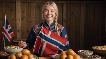 En person som viser sin kjærlighet til Norge ved å holde et flagg og omgitt av tradisjonelle gjenstander.