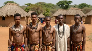 En gruppe bantufolk i tradisjonelle klær, stående foran en landsby i Afrika.