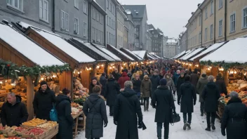 Et livlig vintermarked i Norge med mennesker som handler og sosialiserer blant boder som selger tradisjonelle varer og mat