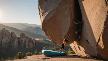 En person som driver med bouldering på en steinformasjon, med en crash pad nedenfor for sikkerhet.