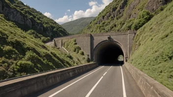 Et bilde av en tunnel med en vei eller jernbane som går gjennom den, med et naturskjønt landskap i bakgrunnen.