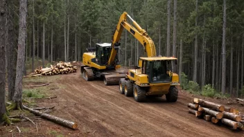 En skog med trær som høstes, med fokus på hogstutstyret og tømmeret som samles inn.