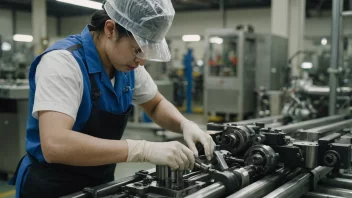 En fabrikkmedarbeider i uniform, som jobber på en produksjonslinje eller vedlikeholder maskiner.