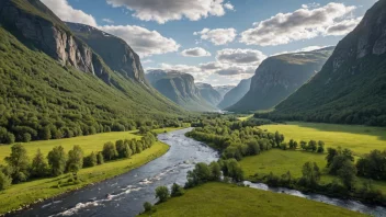 Bøverelva renner rolig gjennom en frodig grønn dal omgitt av fjell.