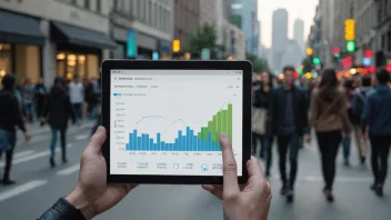 En person som analyserer finansielle data på en tablet, med en byscape i bakgrunnen.