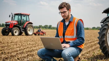 En jordbruksingeniør som jobber i et jorde, omgitt av avlinger og jordbruksutstyr, med en laptop og en traktor i bakgrunnen.