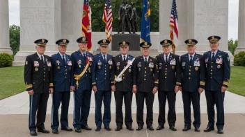 En gruppe veteraner samlet sammen, stolte av å vise frem sine medaljer og flagg, foran et monument eller minnesmerke.