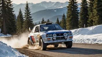 En snørallybil i aksjon, med snødekte trær og fjell i bakgrunnen.