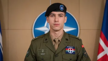 En person i militær uniform med NATO-logo på ermet, stående foran en NATO-flagg.