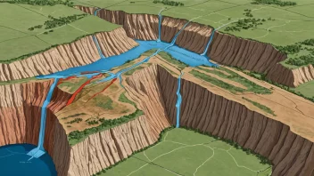 En forkastningssone med flere forkastninger som møtes, og danner en kompleks geologisk struktur.