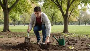 En person planter en ny tre i en park for å erstatte et tre som tidligere ble fjernet