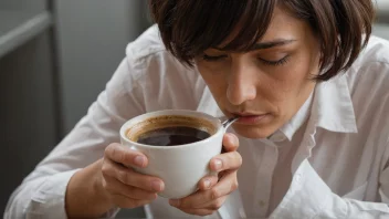 En person holder en kopp kaffe og drikker den langsomt