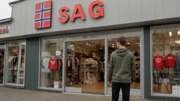 En person står foran en butikk med et skilt som sier 'Salg' på norsk, med en produktutstilling i bakgrunnen.