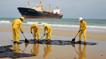 Et team mennesker i gule drakter rydder opp etter et oljeutslipp på en strand.