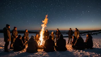 En vintersolstående-feiring med mennesker samlet rundt et bål, ser opp på stjernene.