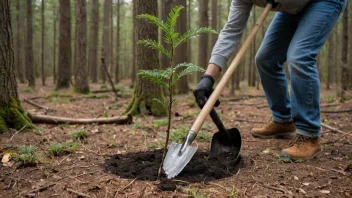 En person planter et tre i en skog.