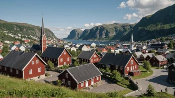 Et pittoreskt bybilde i Norge med historiske bygninger og en kirke.