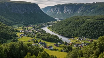 En pittoresk bygd i Norge med tradisjonelle hus og en storslagen natur.