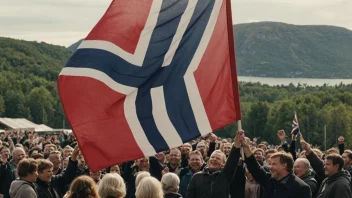 Et norsk flagg som heises på en flaggstang, omgitt av mennesker.