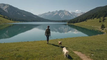 En person som går en tur med hunden i et vakkert landskap.