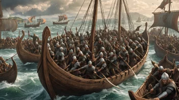 En vikingraid i gang, med krigere som kjemper og langskip i bakgrunnen.